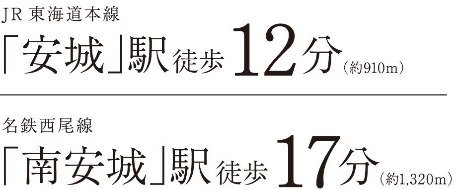 JR東海道本線｢安城｣駅徒歩12分（約910m）／名鉄西尾線｢南安城｣駅徒歩17分（約1,320m）